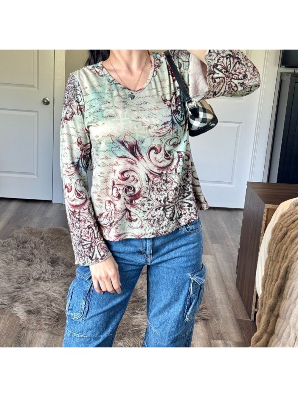 Vintage Y2K Grunge Forest Fairy Ornate Bell Sleeve Shirt Womens PXL Indie Floral